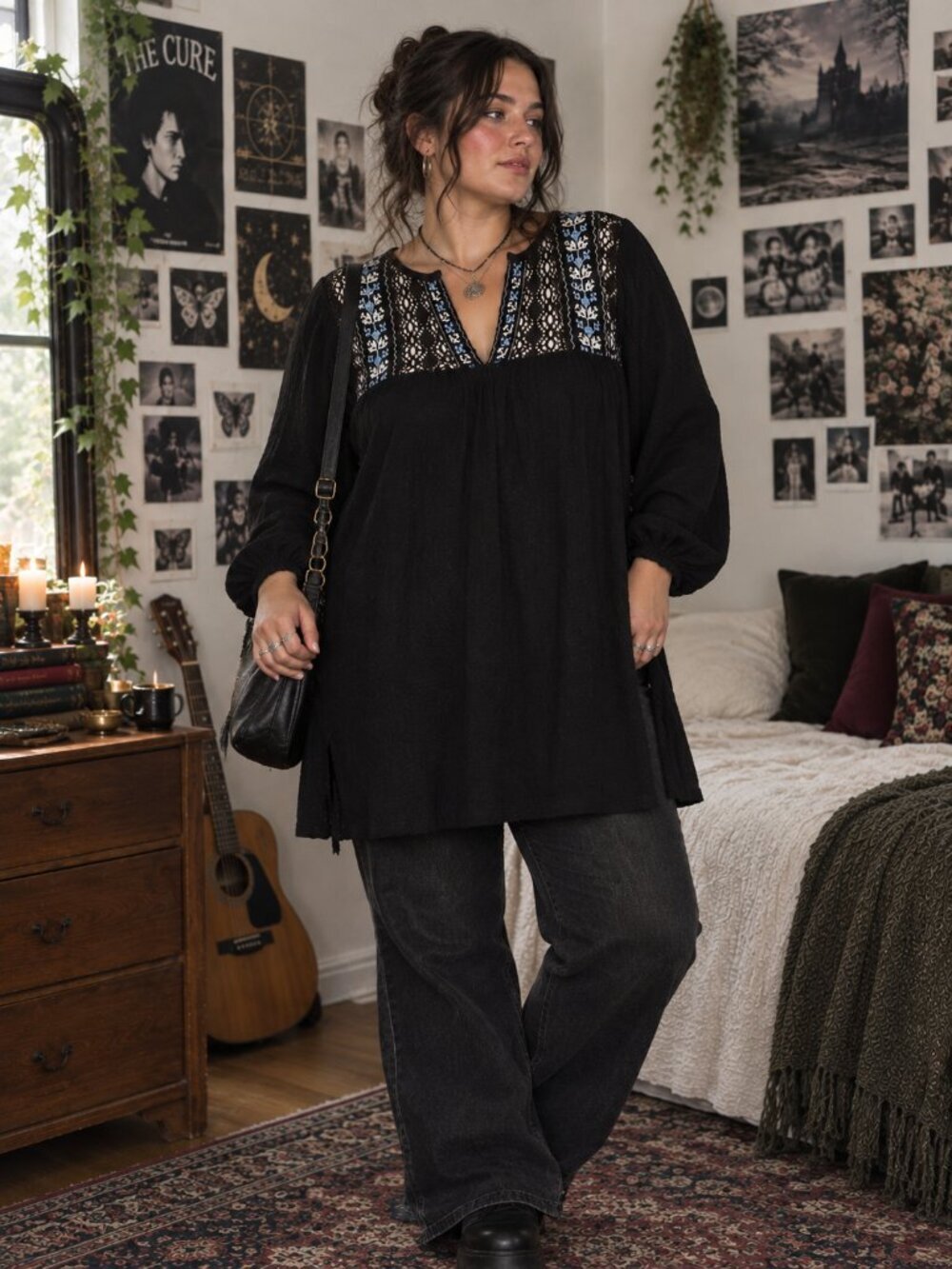 Addition Elle Tunic Blouse Black Crochet Lace Witchy Goth Whimsygoth Womens 16